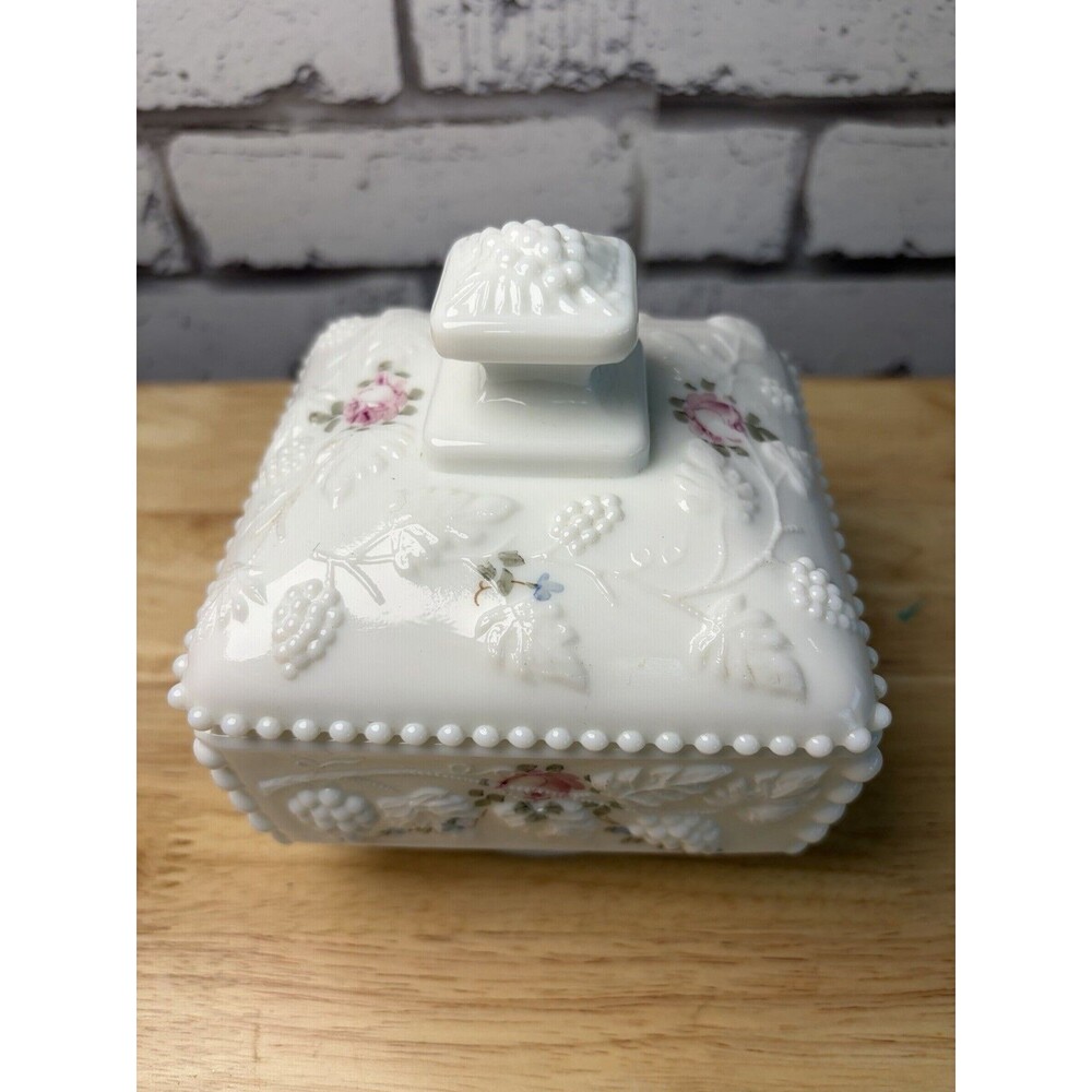 Westmoreland Milk Glass Candy Dish Lidded Paneled Grape Painted Flowers Footed - Picture 2 of 13
